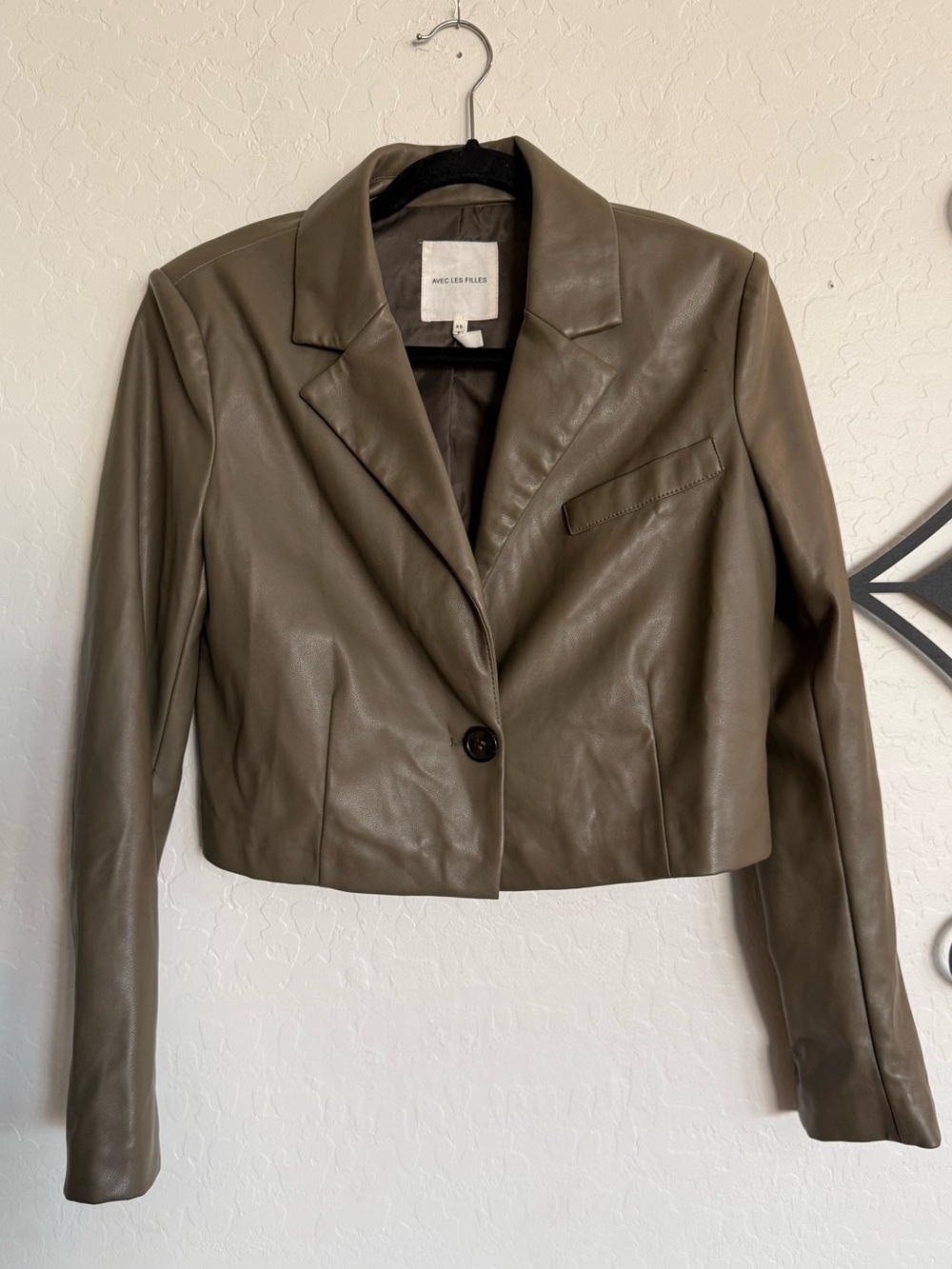 AVEC LES FILLES Cropped Faux Leather Blazer Taupe Green Moss XS
